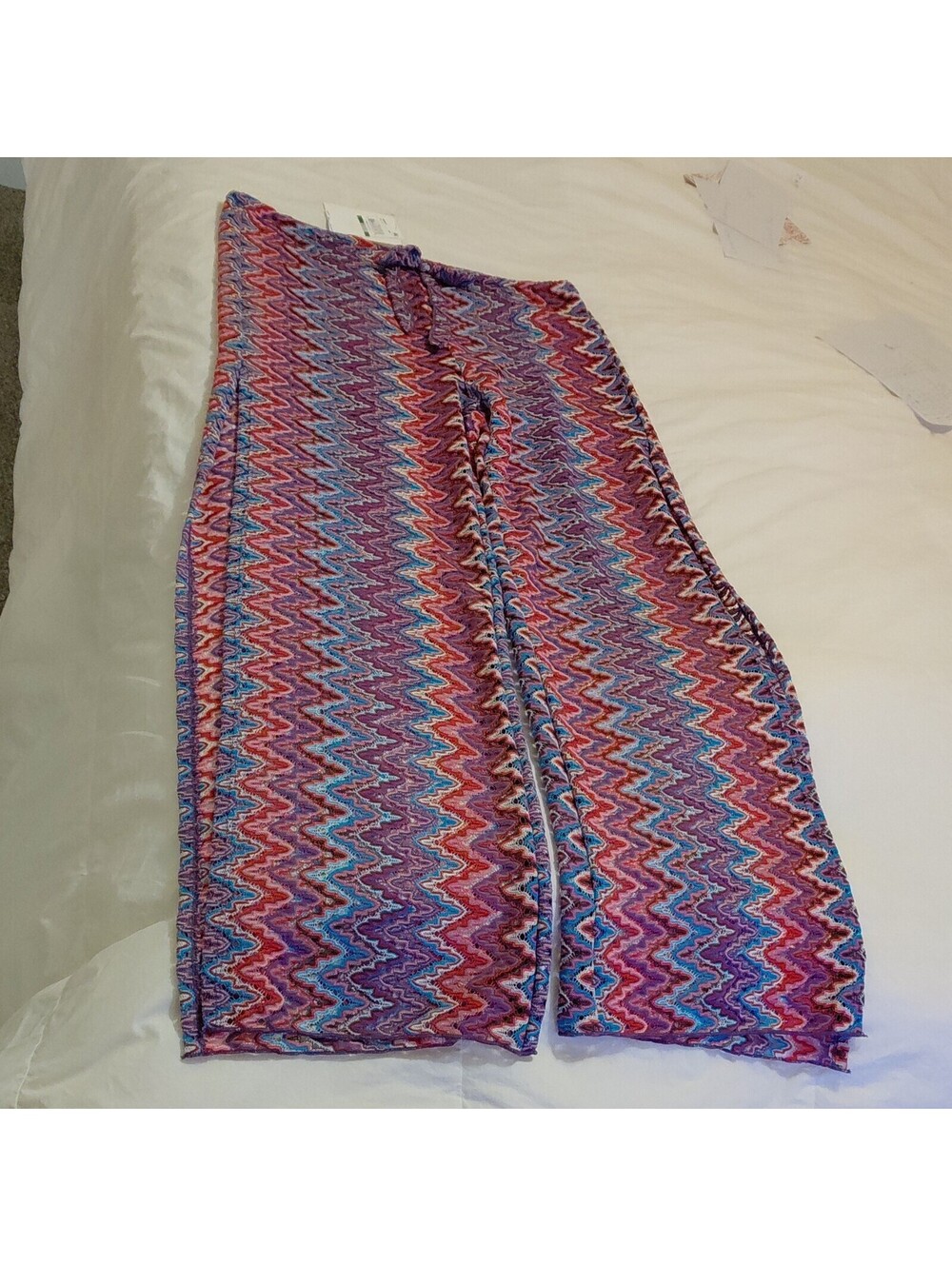Becca Multicolor Chevron Knit High Rise Wide-Leg Drawstring Pants L #956
